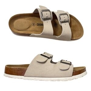 CUSHIONAIRE Lane Cork Footbed Sandals for Women Stone Vegan Suede Size 8